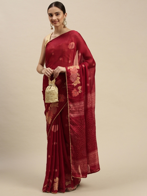

Triveni Maroon & Cream-Coloured Floral Pure Chiffon Saree