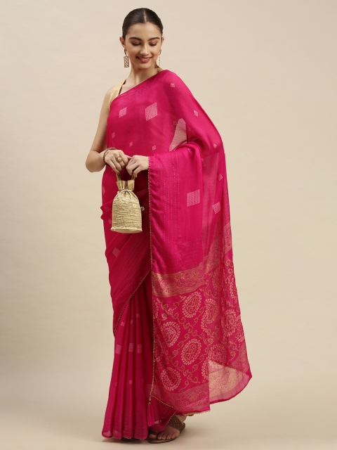 

Triveni Pink & White Beads and Stones Embellished Pure Chiffon Saree