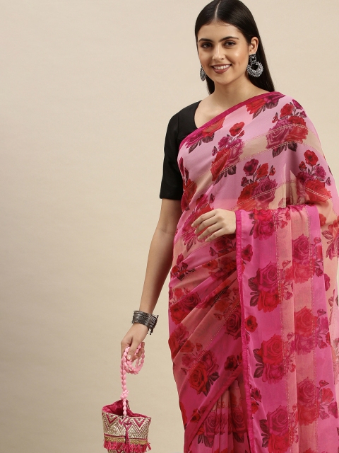 

Triveni Pink & Red Floral Zari Pure Georgette Saree