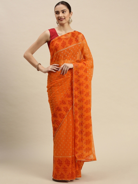 

Triveni Orange Stone Embellished Zari Pure Chiffon Saree