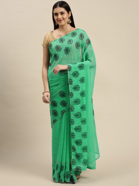

Triveni Green Ethnic Motifs Zari Pure Chiffon Saree