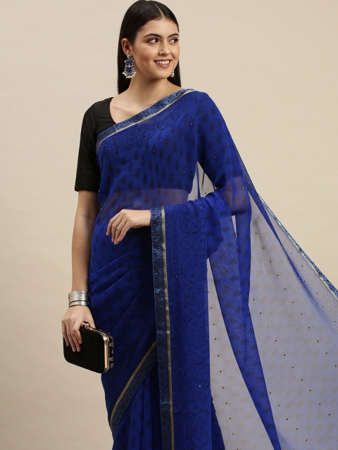

Triveni Blue & Black Paisley Print Beads and Stones Pure Chiffon Saree