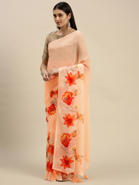 

Triveni Peach-Coloured & Orange Floral Printed Pure Chiffon Saree