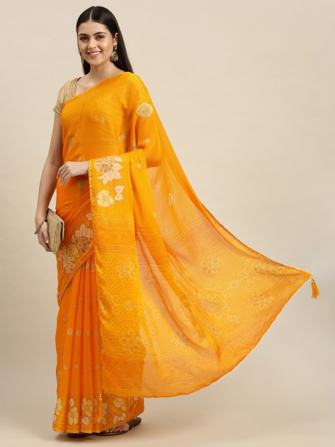 

Triveni Yellow & Off White Floral Print Zari Pure Chiffon Saree