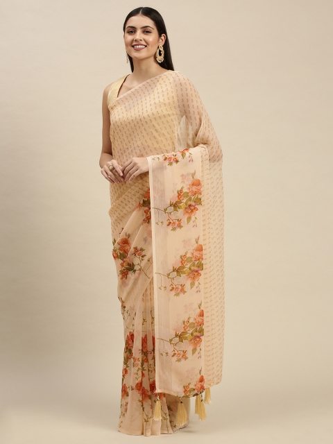 

Triveni Beige & Rust Floral Print Beads and Stones Embellished Pure Chiffon Saree