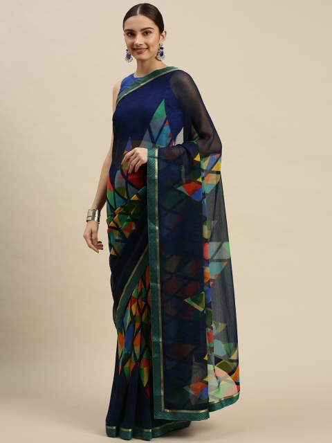 

Triveni Blue & Green Geometric Print Pure Chiffon Saree