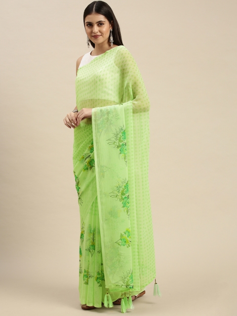 

Triveni Green Floral Printed Beads and Stones Embellished Pure Chiffon Saree