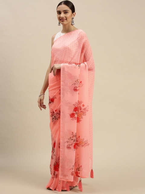 

Triveni Pink & Red Floral Beads and Stones Pure Chiffon Saree