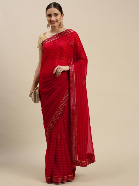 

Triveni Red Striped Beads and Stones Pure Georgette Leheriya Saree