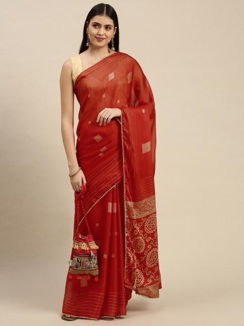 

Triveni Red & Cream-Coloured Geometric Printed Zari Pure Chiffon Saree