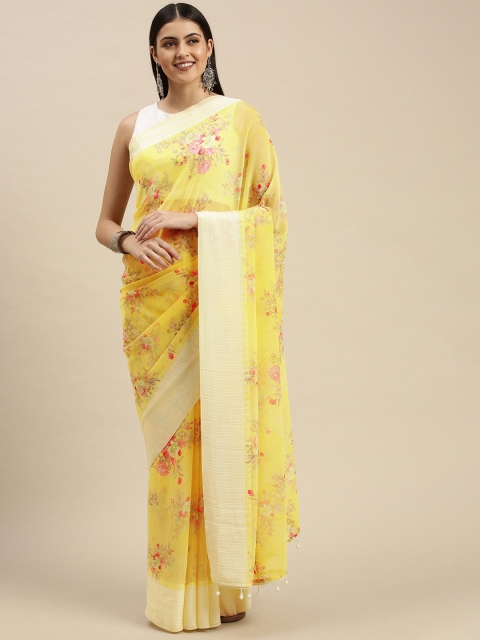 

Triveni Yellow & Pink Floral Print Beads and Stones Embellished Pure Georgette Saree
