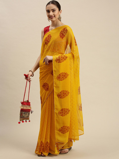

Triveni Yellow & Red Beads and Stones Embellished Pure Chiffon Saree