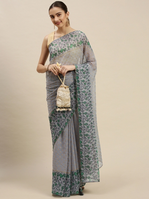 

Triveni Grey & Green Beads and Stones Embellished Pure Chiffon Saree