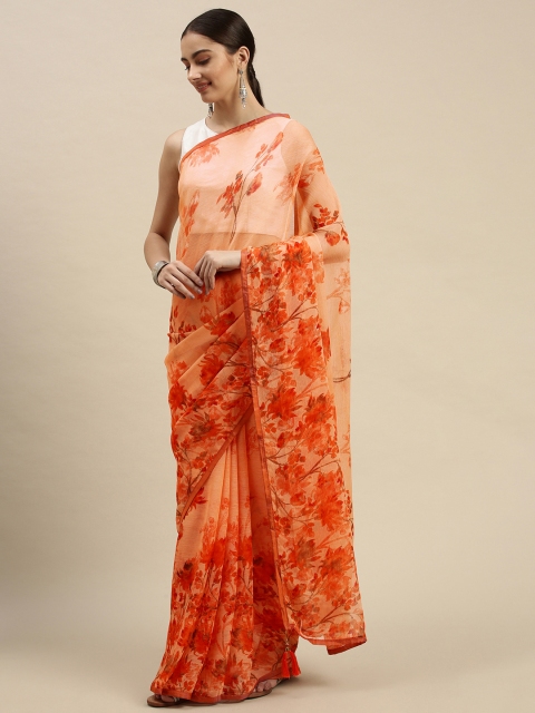 

Triveni Peach-Coloured & Orange Floral Pure Chiffon Saree