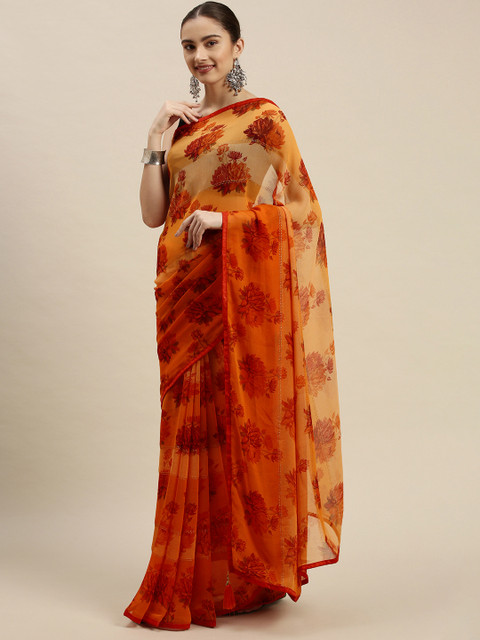 

Triveni Orange Floral Print Zari Pure Georgette Saree