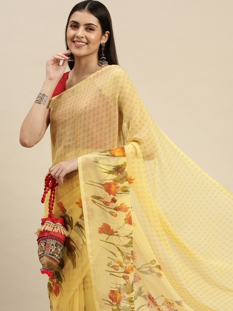 

Triveni Yellow & Green Floral Printed Pure Chiffon Saree