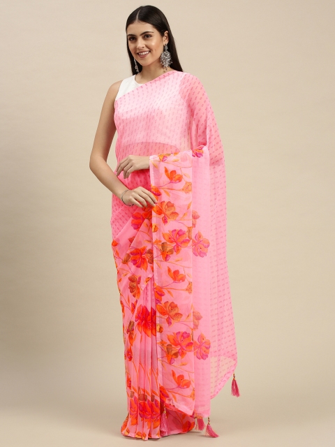 

Triveni Pink & Orange Floral Print Beads and Stones Pure Chiffon Saree