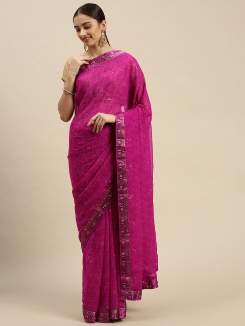 

Triveni Pink Floral Beads and Stones Pure Chiffon Saree