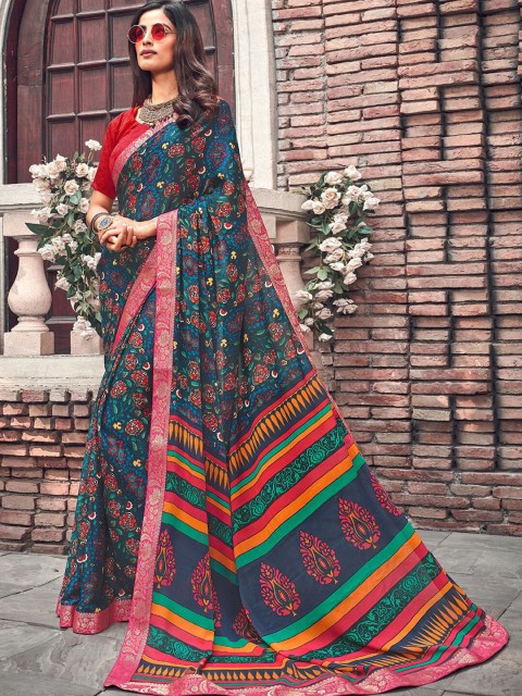 

Shaily Navy Blue & Red Floral Saree