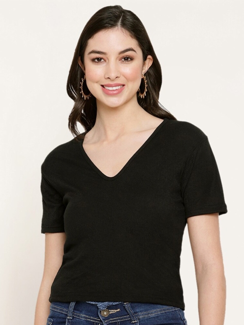 

Miaz Lifestyle Black Ribbed Knitted Pure Cotton Top