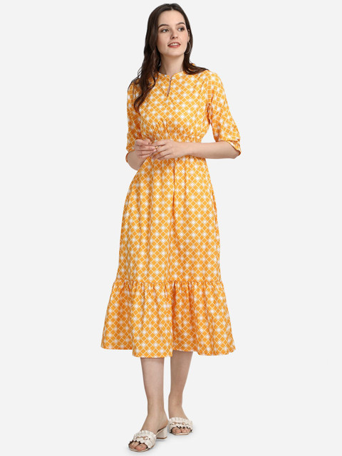 

Anaita Women Yellow Crepe Mandarin Collar Fit & Flare Midi Dress
