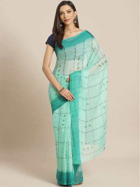 

Shaily Sea Green & Blue Checked Saree