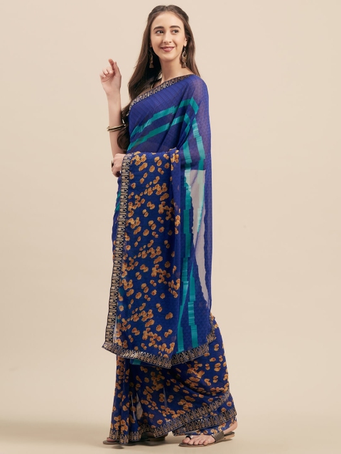 

Shaily Blue & Orange Floral Poly Georgette Saree