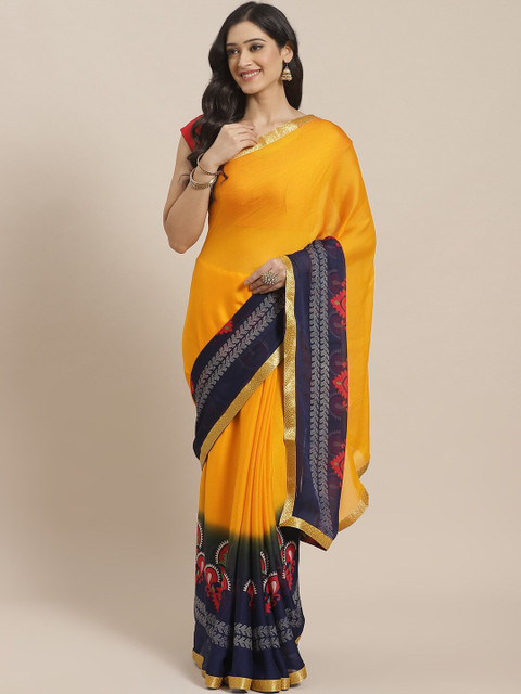 

Shaily Yellow & Navy Blue Ethnic Motifs Saree