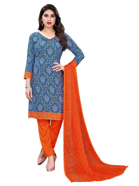 

Iris Blue & Orange Printed Unstitched Dress Material