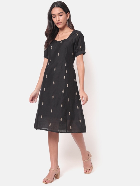 

Saaki Black Floral Printed A-Line Dress