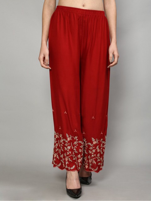 

Jinfo Women Maroon & Gold-Toned Printed Flared Knitted Ethnic Palazzos