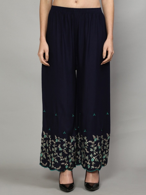 

Jinfo Women Navy Blue & Green Floral Printed Flared Knitted Ethnic Palazzos