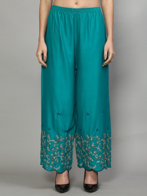 

Jinfo Women Blue & Gold-Toned Printed Flared Knitted Ethnic Palazzos