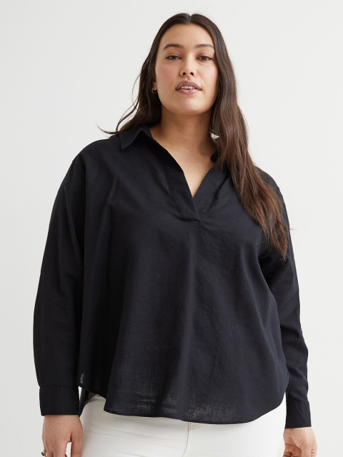 

H&M Women Black Solid Cotton Linen Blend Shirt