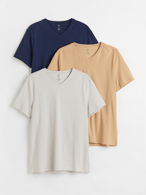 

H&M Men Pack of 3 Beige & Blue Solid Round Neck Slim Fit T-Shirts
