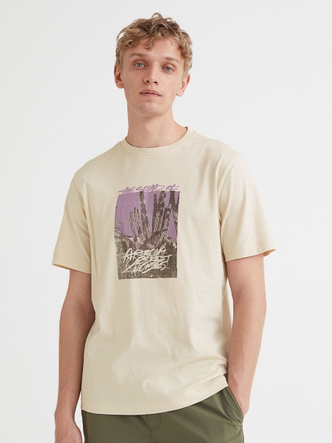 

H&M Men Beige Cotton Printed T-Shirt