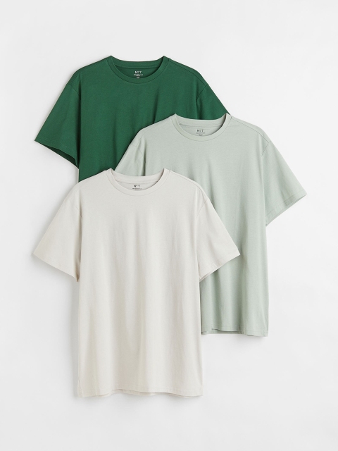 

H&M Men Pack of 3 Green & White Solid Regular Fit Cotton Round-Neck T-Shirts