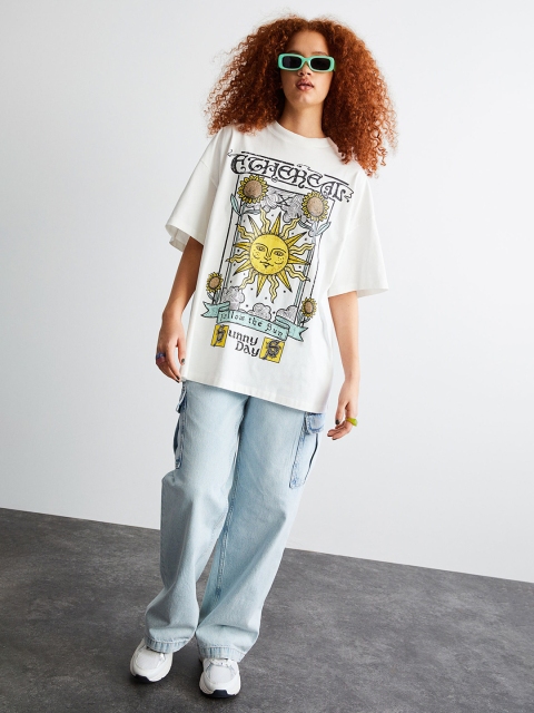 

H&M Women White Oversized Printed Cotton T-shirt, Multi