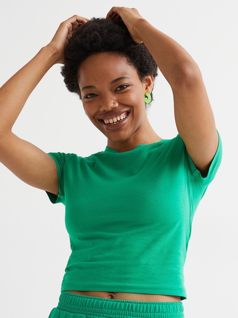 

H&M Women Green Solid Cropped Top