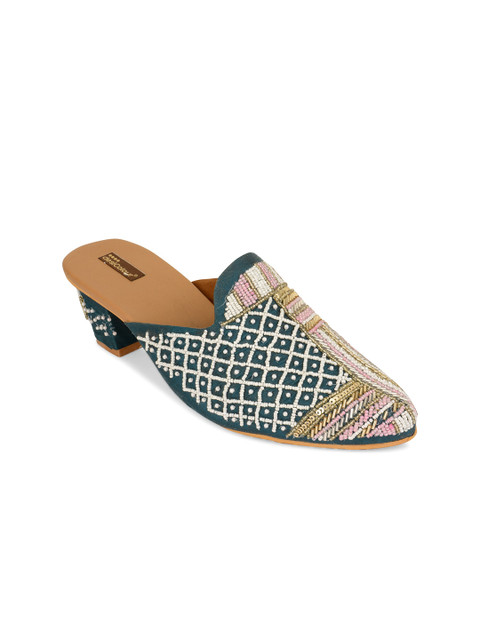 

DESI COLOUR Women Teal Pointed toe Ethnic Emblished Block Mules