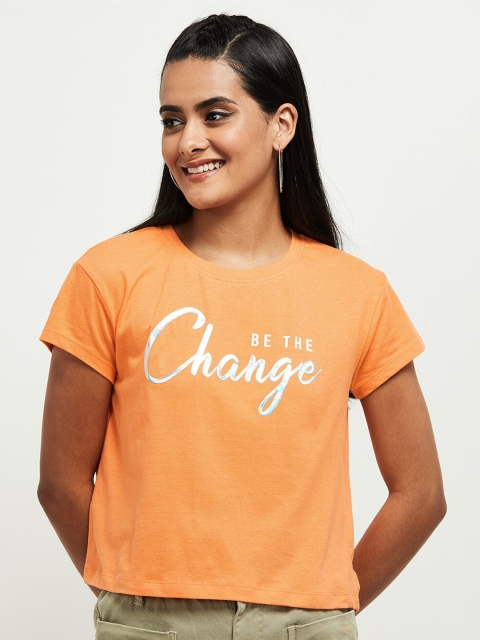 

max Women Orange Typography Printed Round neck T-shirt