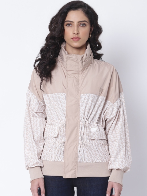 

GUESS Women Brown Typography Colourblocked Windcheater Outdoor Tailored Jacket