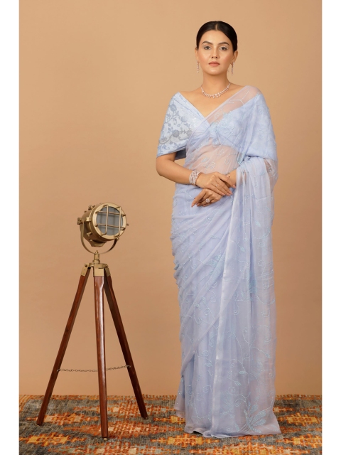 

Geroo Jaipur Lavender & White Floral Sequinned Pure Chiffon Heavy Work Saree