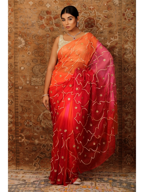 

Geroo Jaipur Magenta & Orange Embellished Embroidered Pure Chiffon Heavy Work Saree