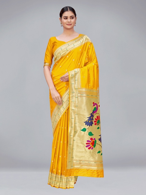 

MONJOLIKA FASHION Yellow & Gold-Toned Woven Design Zari Silk Blend Paithani Saree