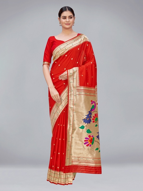 

MONJOLIKA FASHION Red & Gold-Toned Woven Design Zari Silk Blend Paithani Saree
