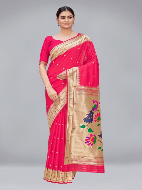 

MONJOLIKA FASHION Pink & Gold-Toned Woven Design Zari Silk Blend Paithani Saree