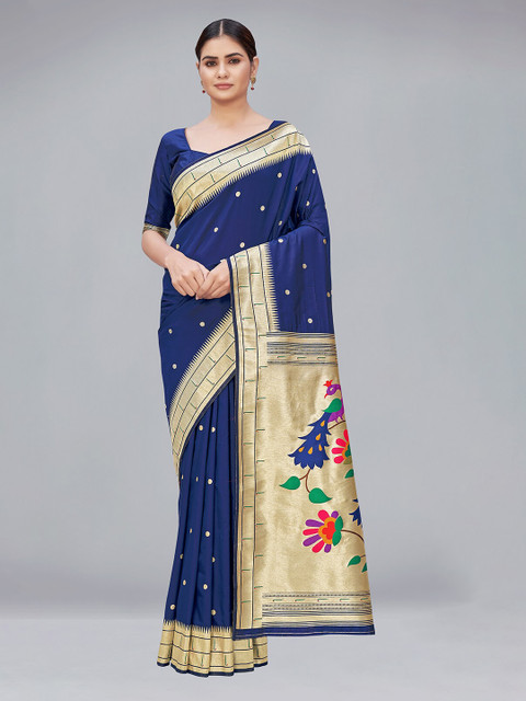 

MONJOLIKA FASHION Navy Blue & Red Woven Design Zari Silk Blend Paithani Saree