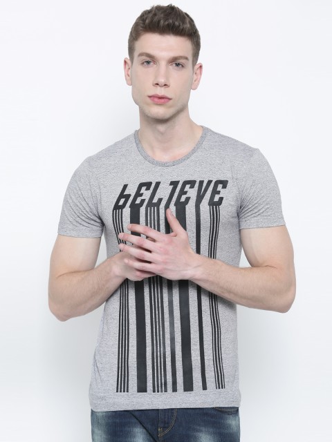 

Flying Machine Men Grey Melange Printed Round Neck T-shirt