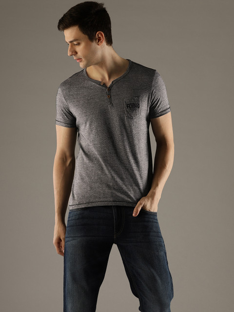 

Flying Machine Men Charcoal Grey Striped Henley Neck T-shirt